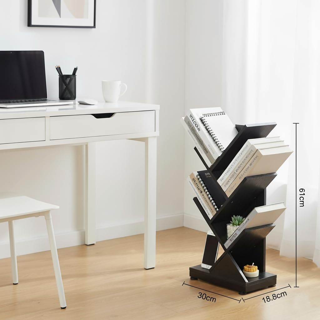 ruboka 5-Shelf Tree Bookshelf, 5 Tier Floor Standing Bookcase for CDs/Magazine/Books, Small Book Organizer for Bedroom, Living Room, Office,Balcony,Retro Storage Shelve