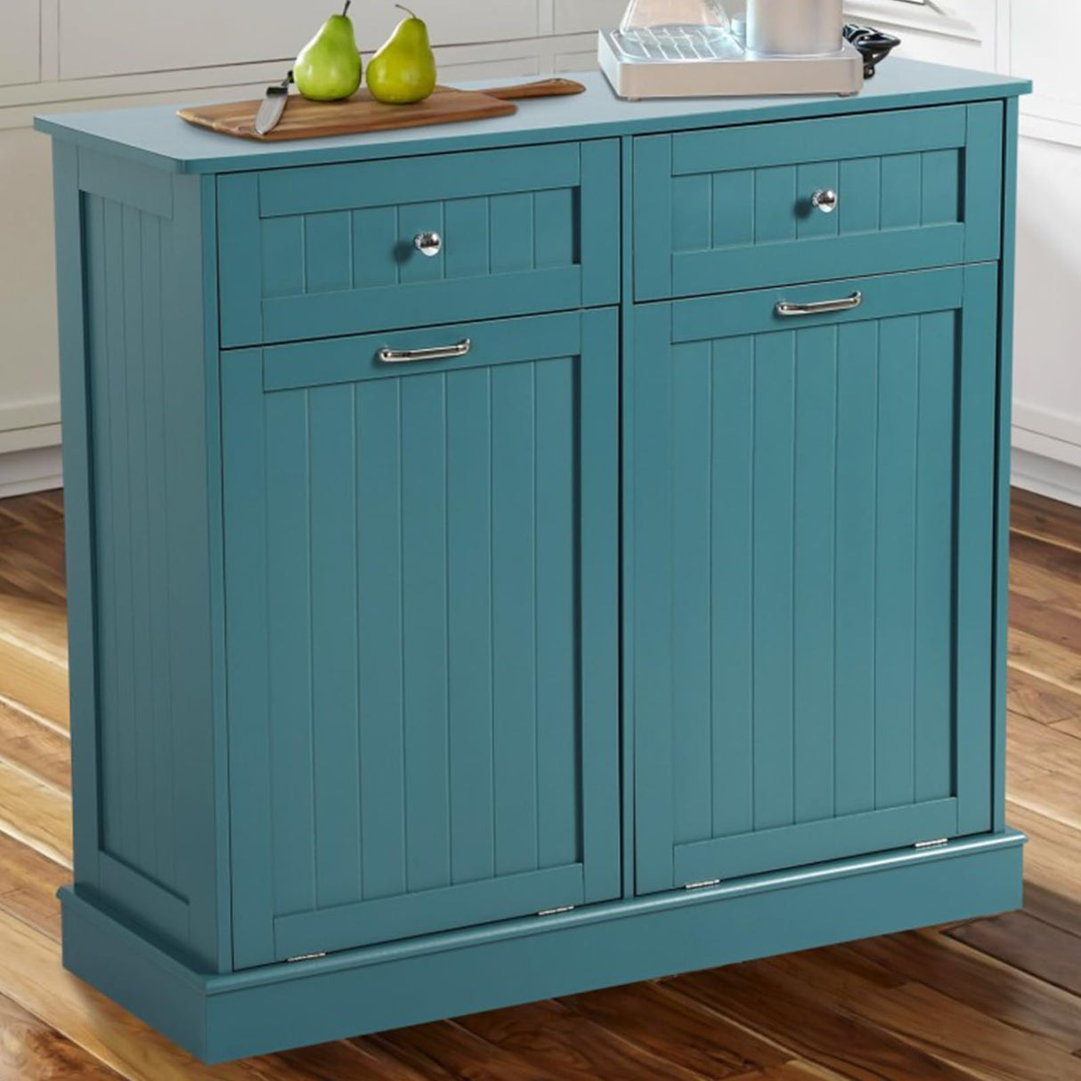 KIGOTY Double Tilt Out Trash Cabinet, Pet Proof Trash Can Cabinet with Countertop and Drawer, Trash Cabinet with Storage,Wooden Laundry Hamper for Kitchen, Teal Blue KIGOTY