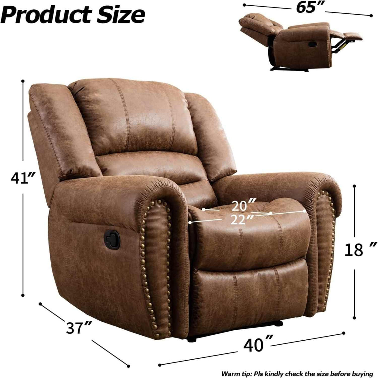 INZOY Leather Recliner Chair, Heavy Duty Manual Reclining Sofa Single Lounge Sofa for Living Room, Home Theater Seating, Light Brown INZOY