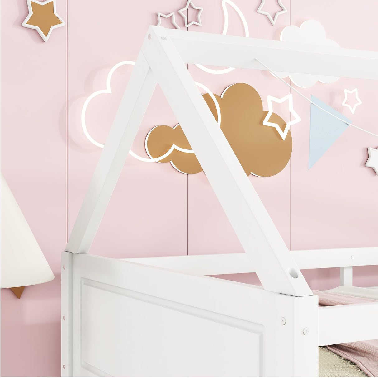 DaiNNCN House Bunk Bed for Kids,Twin Over Twin Bunker Bed with Guardrails and Ladder,Headboard,Footboards,Rubber Wood Bed Frame for Kids,Girls-White DaiNNCN