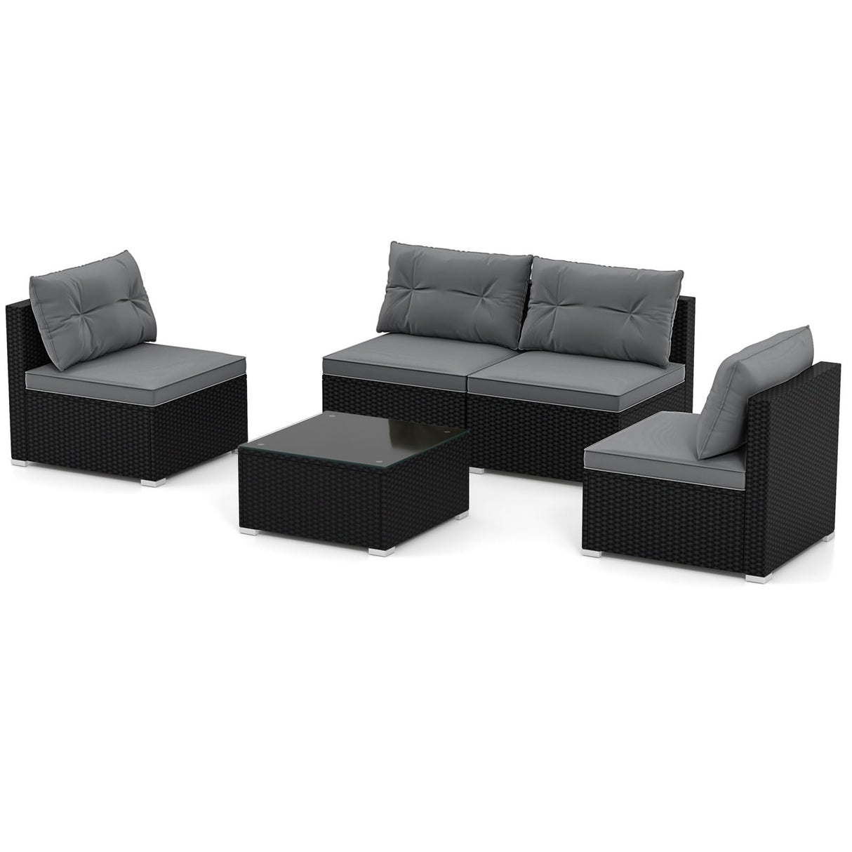 RELAX4LIFE 5-Piece Outdoor Patio Furniture Set, Rattan Sectional Sofa Set w/Glass-Top Coffee Table, Soft Seat & Back Cushions, Bistro Set for Garden Backyard Porch, Wicker Conversation Set (Grey) RELAX4LIFE
