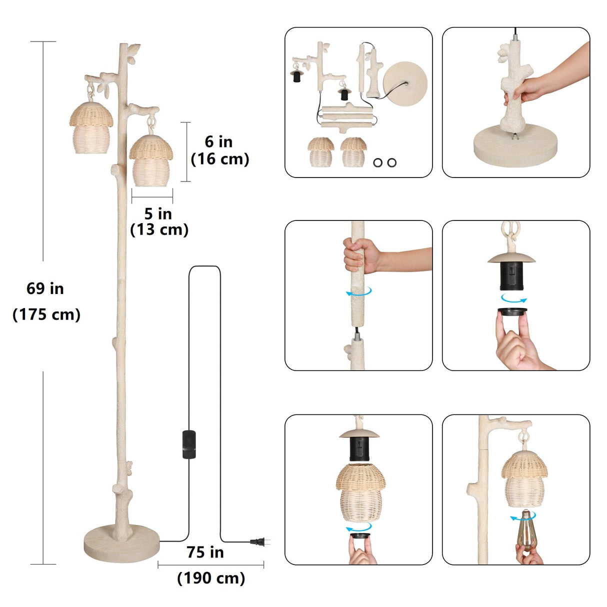 Rattan Floor Lamp with Faux Wood Finish, Boho Floor Lamps with Faux Pinecone and Leaves Decor, Beige WOXXX