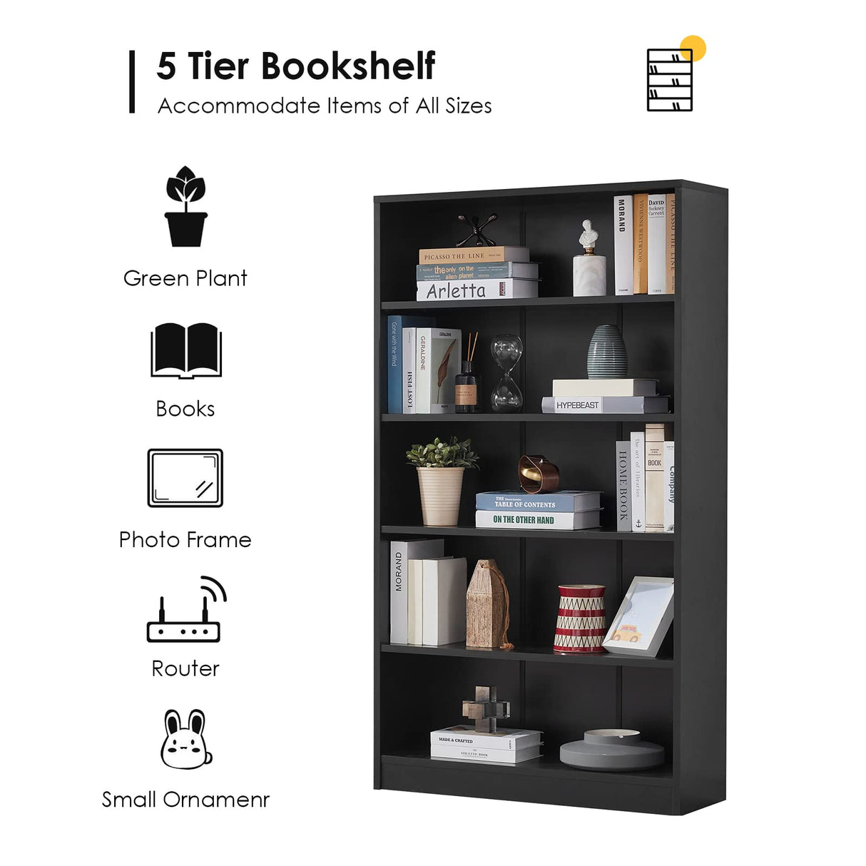 Farini Black Bookshelf for Bedroom 5 Shelf Office Bookcase 60 Inches Tall Modern Wood Bookshelf for Living Room 5 Tier Wide Manga Bookshelf Library Bookcase Farini