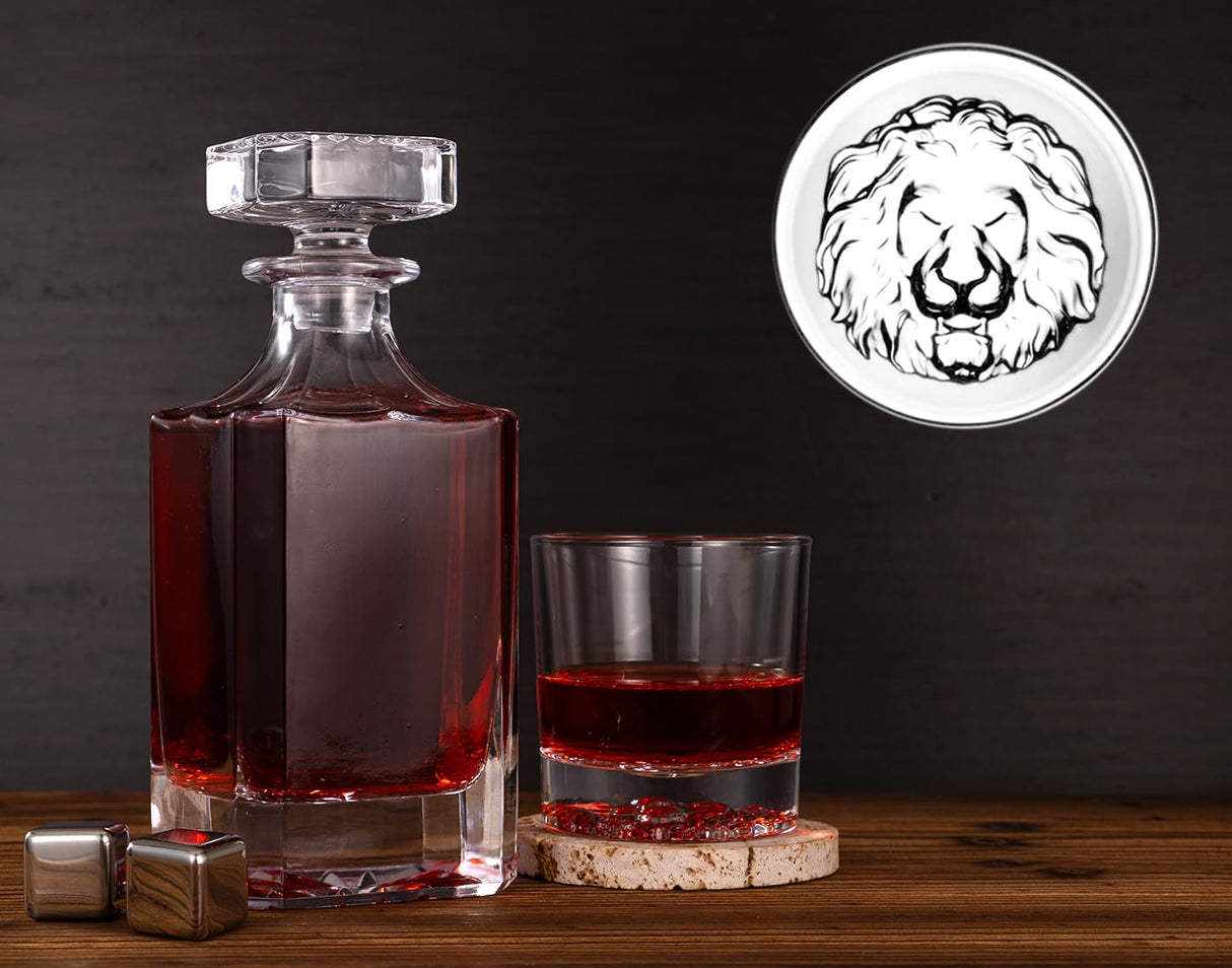 Whiskey Decanter Set with Wooden Box, Lion Whiskey Glasses 10 oz and 25 oz Bourbon Decanter Set with 18/10 Stainless Steel Whiskey Stones, Tongs, Whiskey Gifts for Men Husband Dad Wedding XmanKing