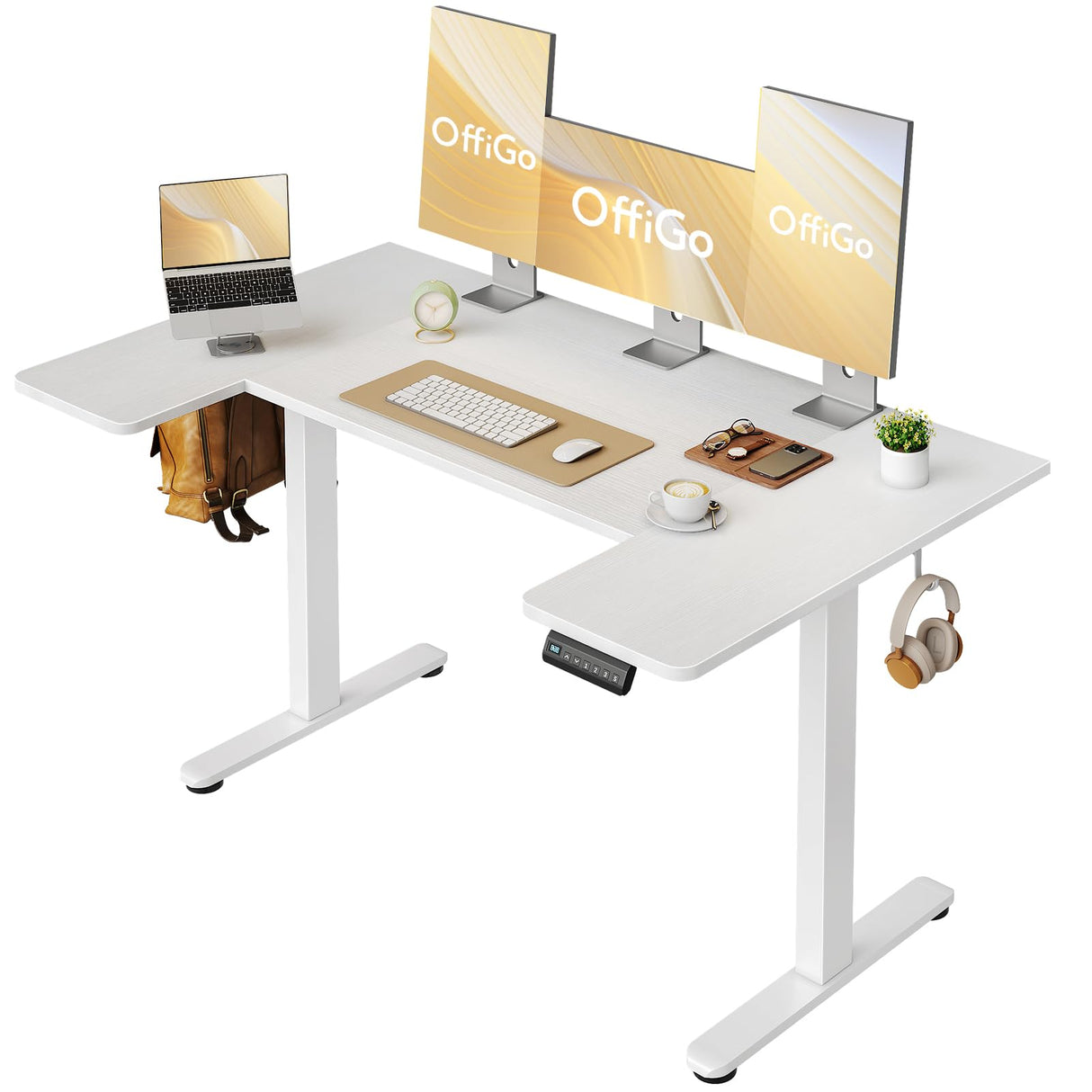 OffiGo U Shaped Electric Standing Desk, 55 Inch Height Adjustable Desk, Sit Stand Table, Writing Computer Desk for Home, Office, Workstation, White OffiGo