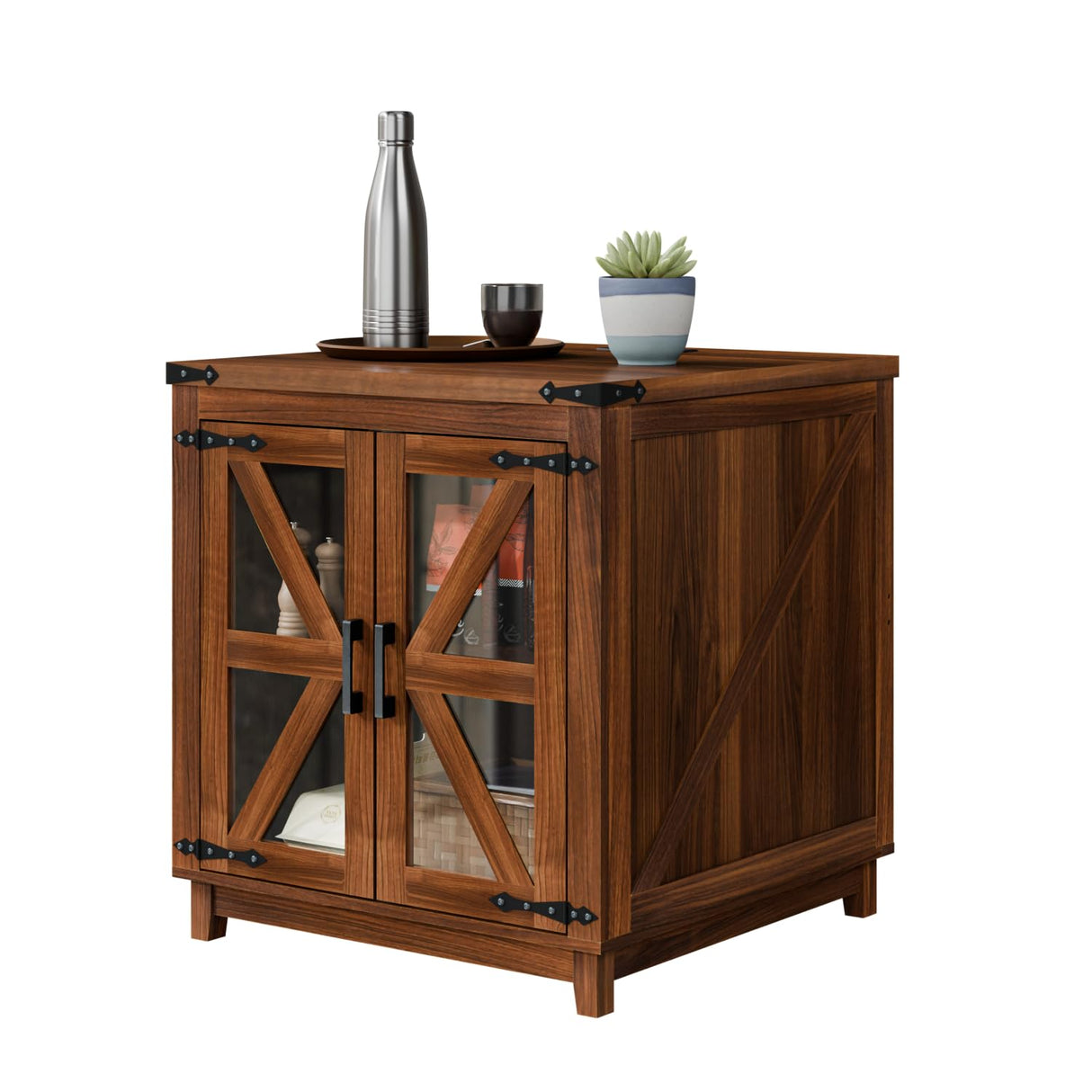 VITESSE Farmhouse End Table, 24" Large Wood Square Nightstand with Doors, Sofa Side Table with Charging Station Modern Nightstand Storage Cabinet for Living Room, Bedroom, Entryway (Brown) VITESSE