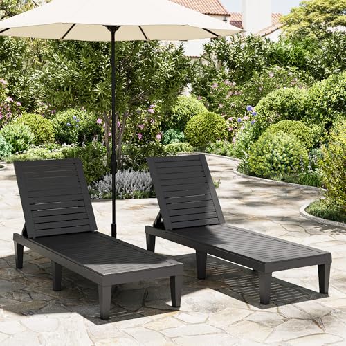 NBYSGO Outdoor Lounge Chairs Set of 2, 5-Position Adjustable Tanning Chairs with Wood Grain, All-Weather Resin Patio Recliners for Pool, Garden, Deck, Beach, Patio Lounge Chairs, Texture Black
