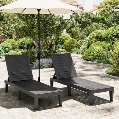 NBYSGO Outdoor Lounge Chairs Set of 2, 5-Position Adjustable Tanning Chairs with Wood Grain, All-Weather Resin Patio Recliners for Pool, Garden, Deck, Beach, Patio Lounge Chairs, Texture Black