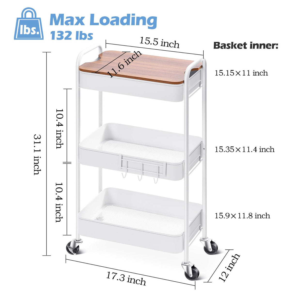 TOOLF 3-Tier Rolling Cart with Table Top, Metal Storage Cart on Wheels, Utility Organizer with Wooden Tray, Lockable Casters, Easy Assembly for Bathroom, Living Room, Office, Kitchen, White TOOLF