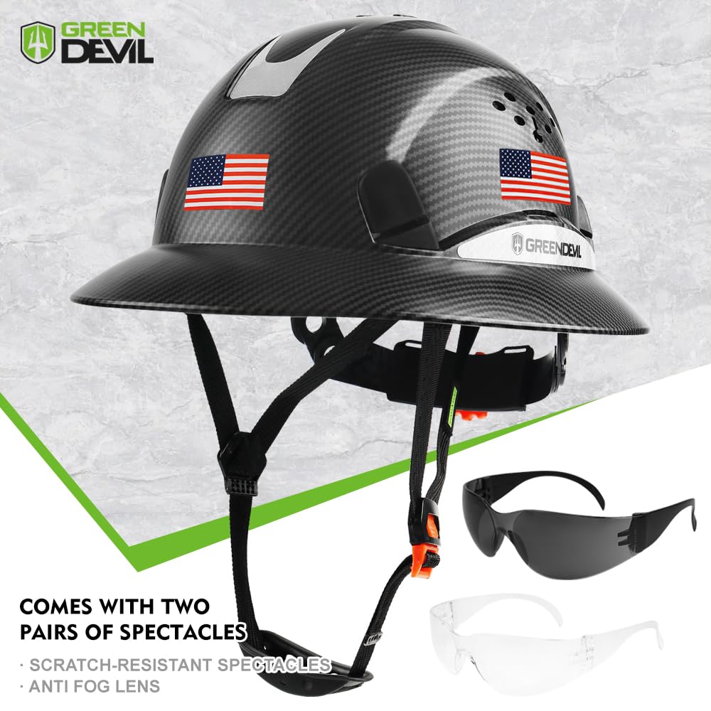 GREEN DEVIL Full Brim Hard Hat Vented Construction Safety Helmet OSHA Approved Cascos De Construccion Work Hardhat for Men&Women 6 Point Adjustable Ratchet Suspension Custom Pattern Design GREEN DEVIL