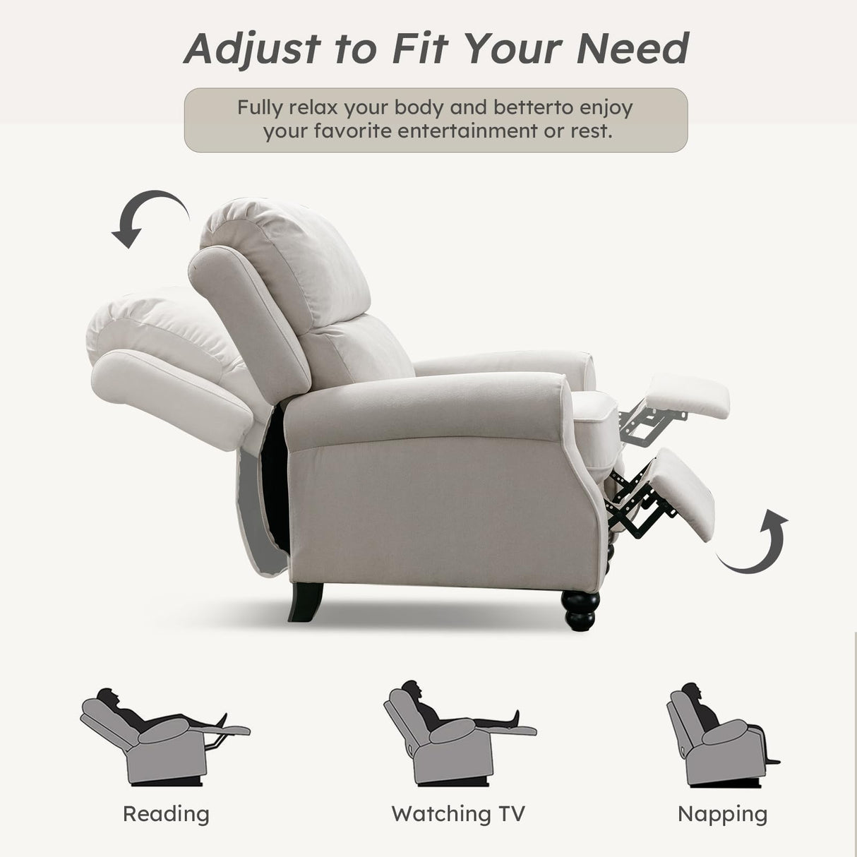 Bonzy Home Recliner Chair Accent Chair, Push Back Reclining Chair with Padded Seat, Single Sofa Fabric Recliners for Living Room Bedroom Home Theater, White Bonzy Home