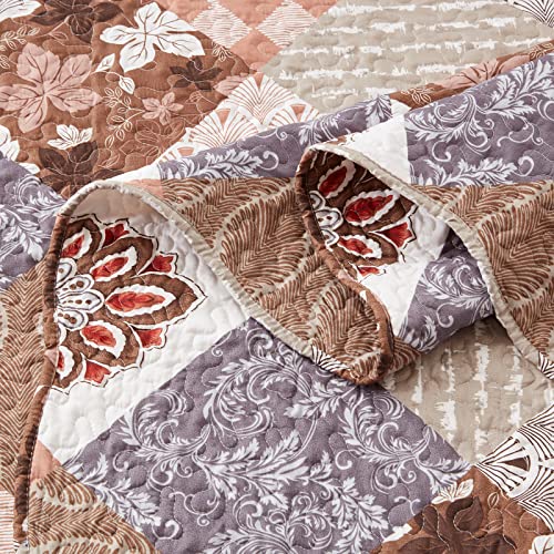 LEAONME 2 Pieces Twin Size Quilt Set Lightweight Brown Floral Bedspread 68x86 Inch Soft Patchwork Coverlet Warm Microfiber Bed Cover for All Seasons (1 Quilt,1 Pillow Sham) LEAONME
