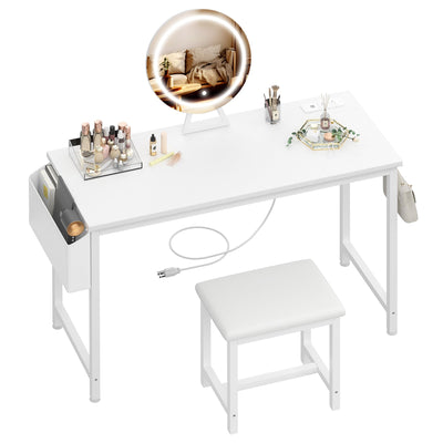 KAI-ROAD White Makeup Vanity Desk with Lights - 40“ Vanitys with Lighted Mirror & Power Outlet, Make Up Vanity Set with Chair, Dressing Table Vanities for Girls Bedroom