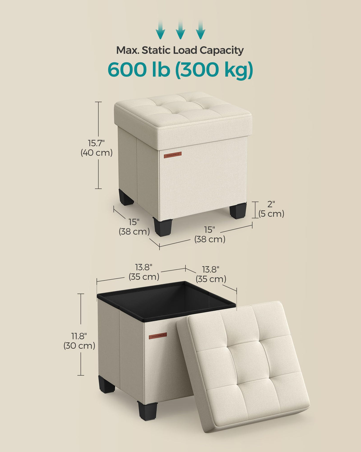 SONGMICS Storage Ottoman, Small Ottoman Foot Rest with Legs, 15 x 15 x 15.7 Inches Foot Stool, Ottoman with Storage, Load up to 660 lb, for Living Room, Bedroom, Dorm, Cream White ULSF014W01 SONGMICS