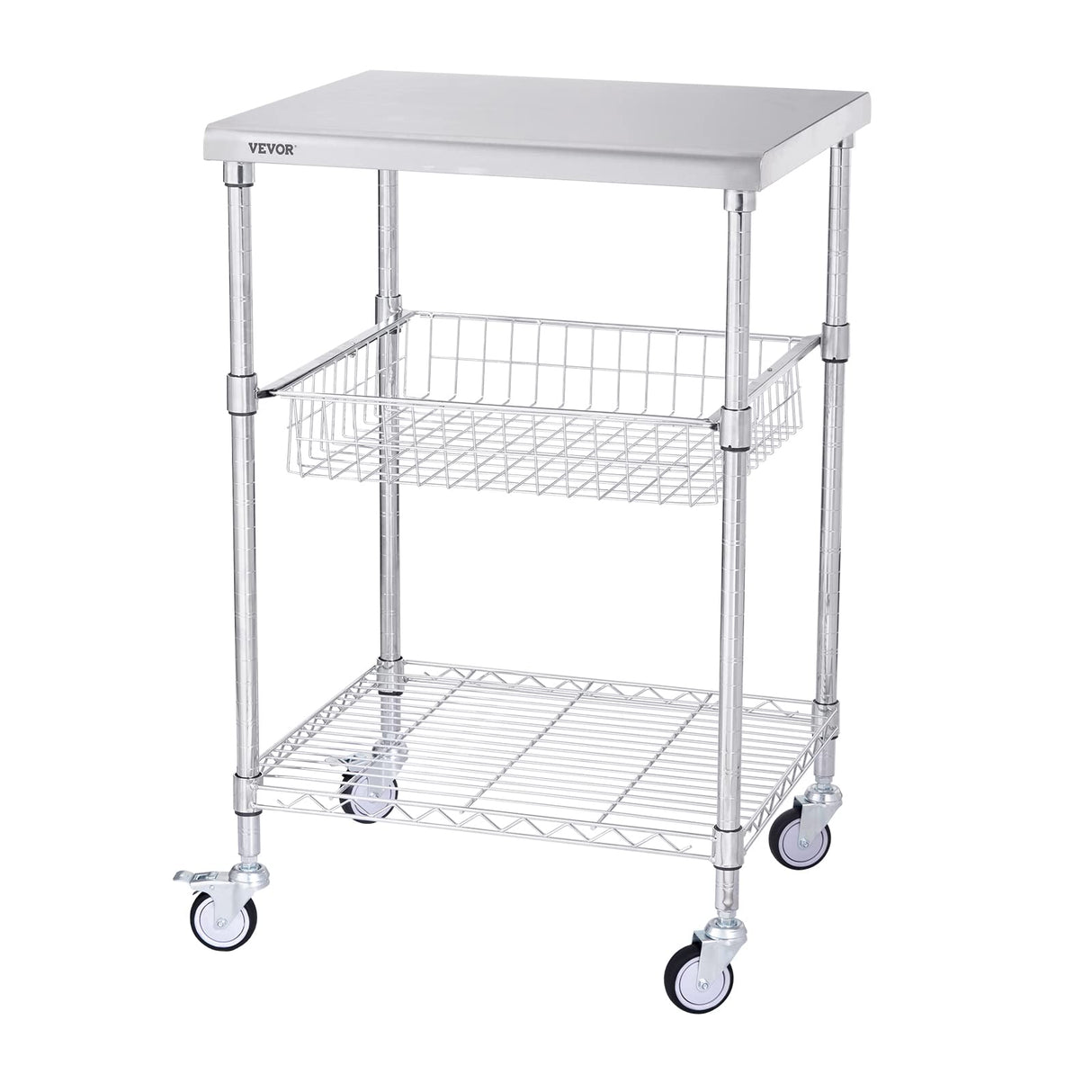 VEVOR Kitchen Utility Cart, 36.6"x20"x24" 3 Tiers Wire Rolling Cart, 470LBS Capacity Steel Service Cart with Brake Wheels, Storage Trolley with 76mm Basket PP Liner 6 Hooks, for Indoor & Outdoor Use VEVOR