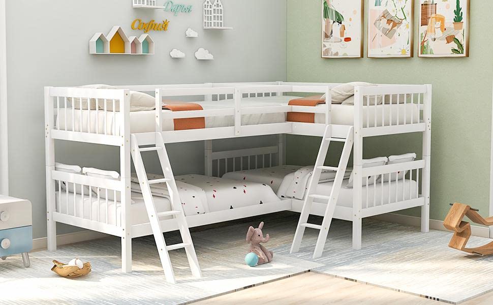 Four Bed, Twin Over Twin L-Shaped Bunk Bed with 2 Ladders, Wooden Corner Bunk Beds for 4 Person, Quad Bunk Bed with Angle Ladder and Guardrail for Children Teens Adults, No Box Spring Needed,White TRIPLE TREE