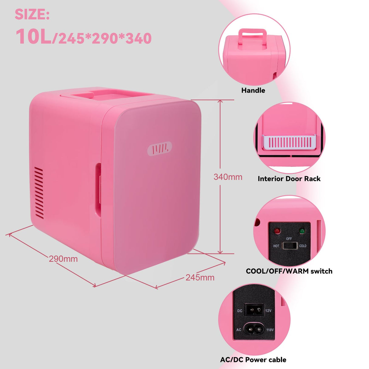 JOYSTAR 10 Liter/12 Cans Mini Fridge for Bedroom, Office, Dorm & Car, Portable Small Refrigerator for Skincare, Makeup, Beverage, Drinks, Thermoelectric Cooler & Warmer, Glass Door, Pink JOYSTAR