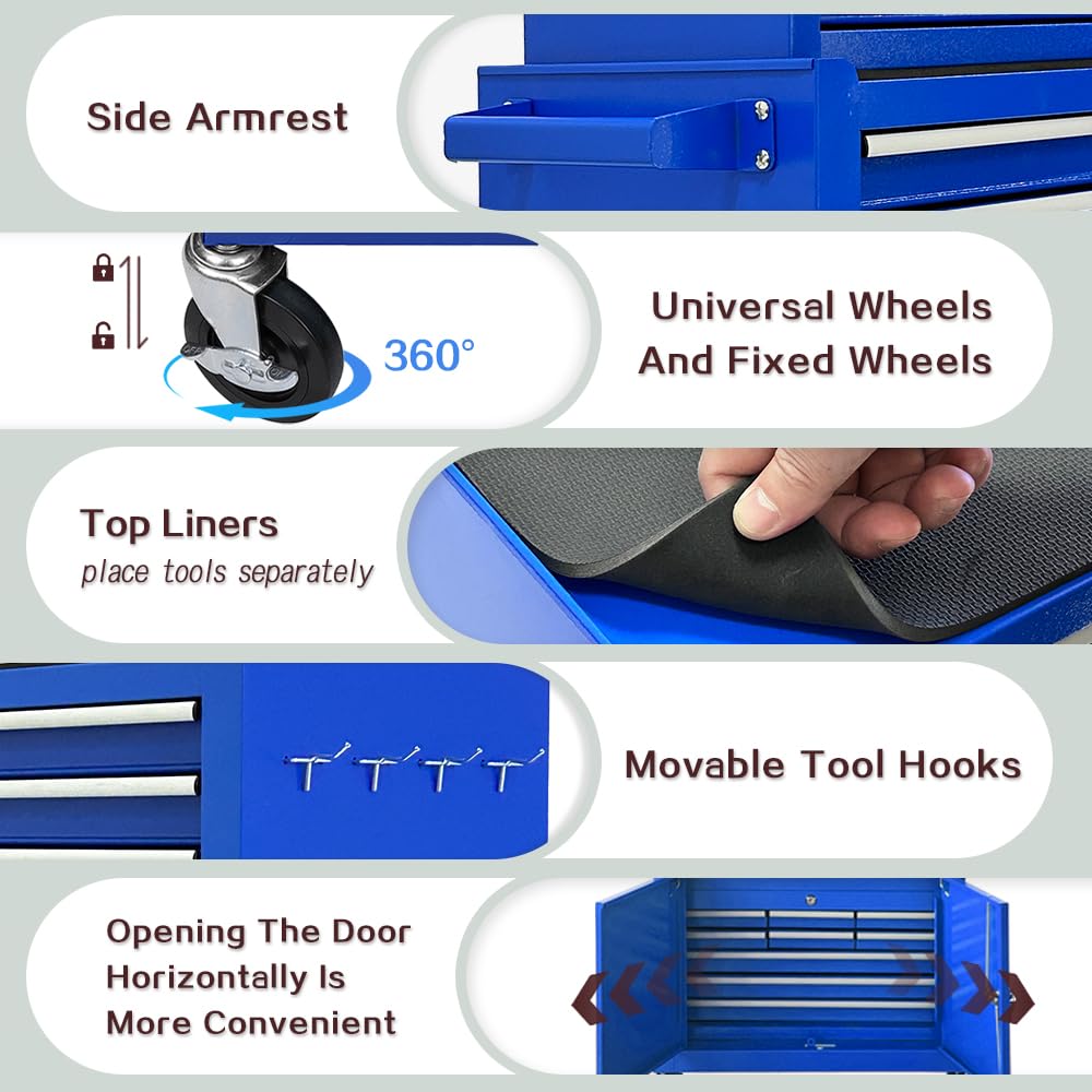 Kirmosal 13-Drawer Tool Chest with Double Door Handle,2 in 1 Detachable Rolling Tool Chests with Wheels and Drawers,Large Tool Box with Lock,Mobile Steel Tool Cabinet Storage (Blue) Kirmosal