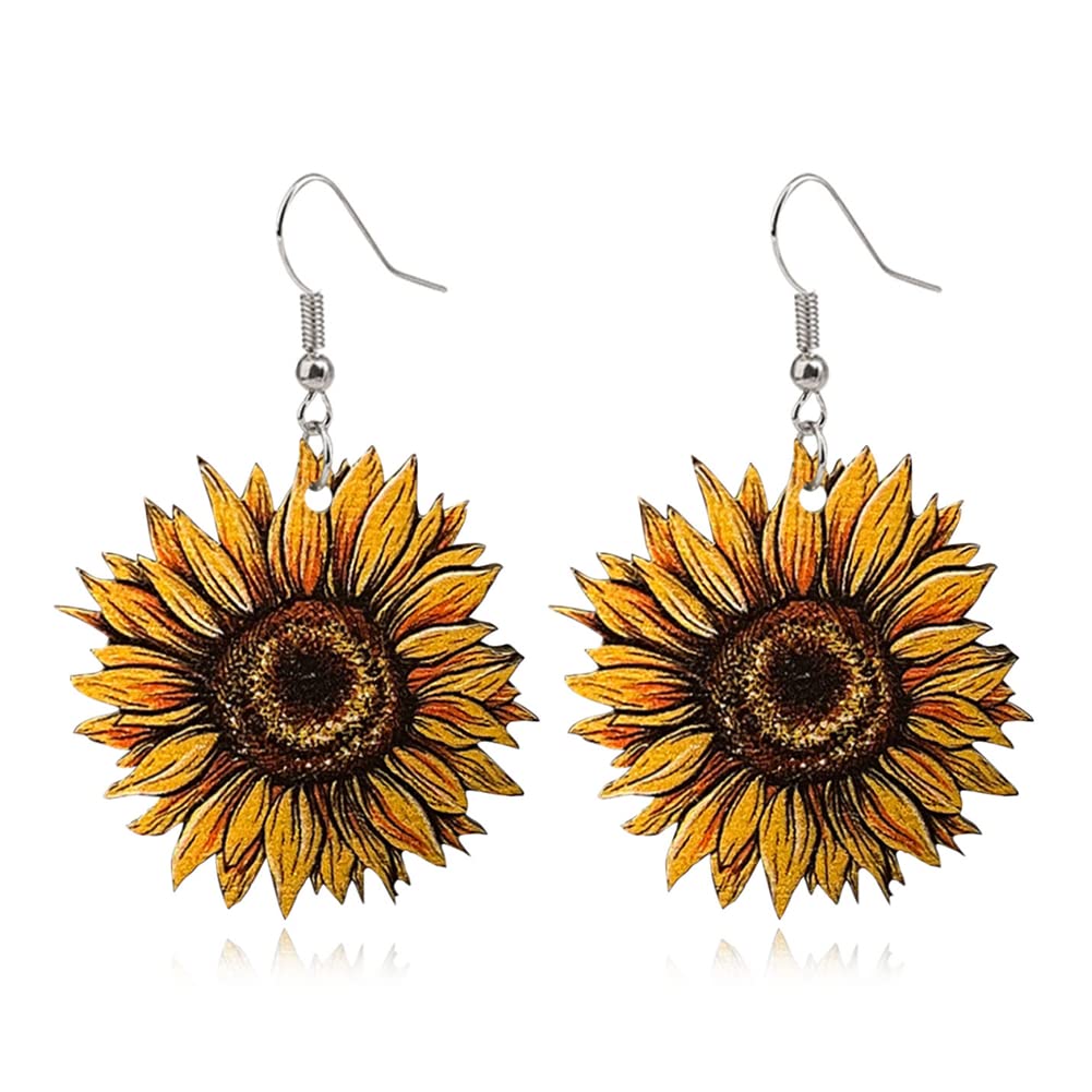 Unique Simple Handmade Wooden Sunflower Daisy Flower Dangle Drop Earrings Bohemian Colour Sunflower Earrings for Women Elegant Summer Boho Jewelry (Yellow Sunflowers Earrings) DIYANMMY
