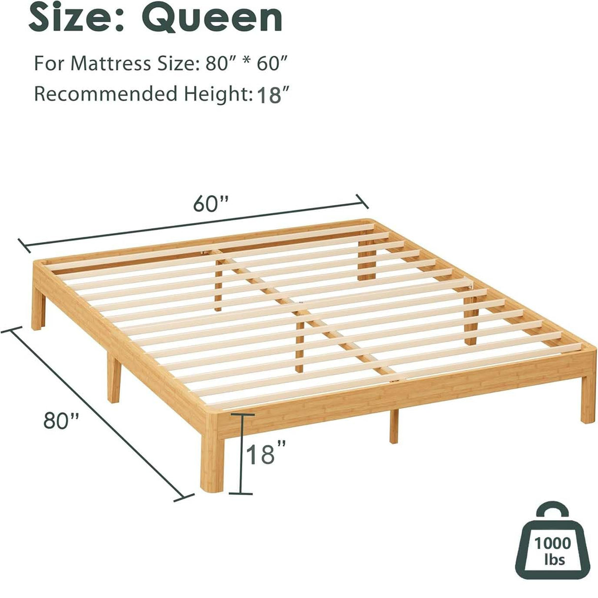 ZIYOO 18 Inch Queen Size Natural Bamboo Platform Bed Frame, Modern Minimalist Design, Easy Assembly, Heavy Duty Support, No Box Spring Needed ZIYOO