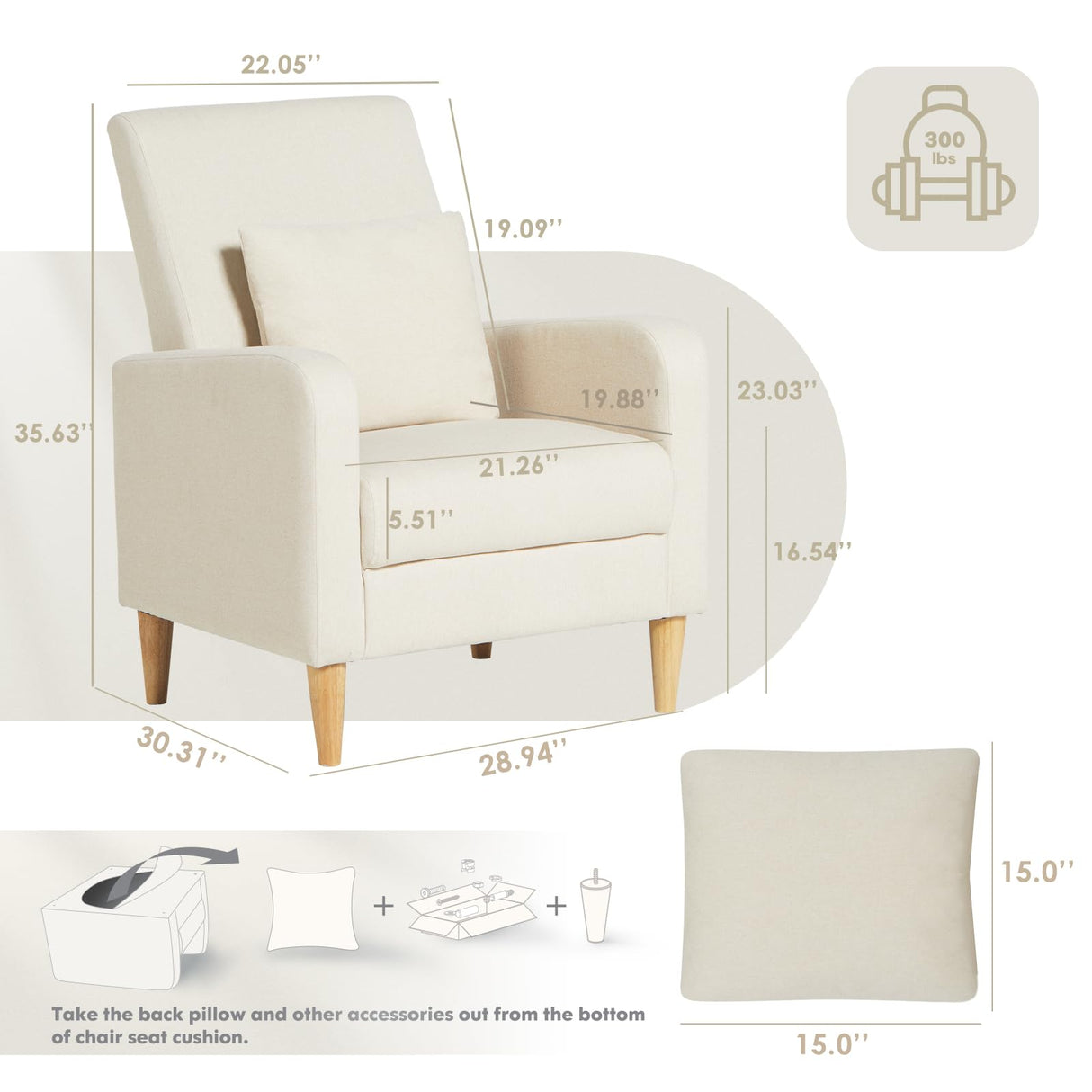 COLAMY Modern Upholstered Accent Chair Armchair with Pillow, Fabric Reading Living Room Side Chair,Single Sofa with Lounge Seat and Wood Legs, Beige COLAMY