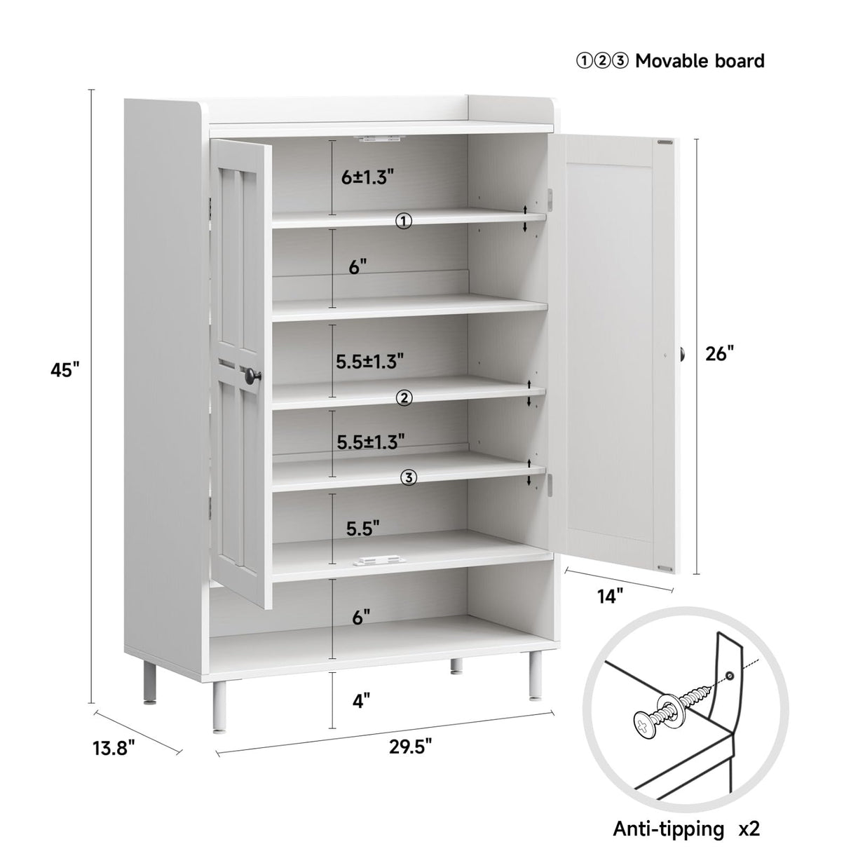 ComfyCorner White 7+1 Tier Farmhouse Shoe Storage Cabinet - 45" Tall Entryway Organizer with Cross Molding Doors, 3 Adjustable Shelves & Metal Legs, Shoe Rack for Front Door Entrance ComfyCorner