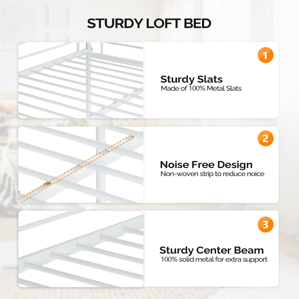 VINGLI Loft Bed Full Size with Flat Rungs for Adults, Kids and Young Teens, No Box Spring Required,Heavy Duty Metal Slat Support,White VINGLI