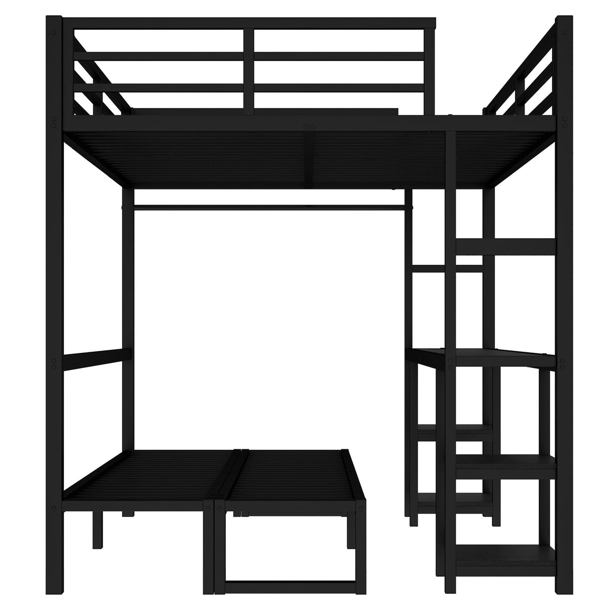 SOFTSEA Queen Over Twin XL Metal Bunk Bed with Desk and Shelves, Metal Bed Frame with LED and USB, Multiple Uses Folds into Sofa, No Box Spring Needed, Black SOFTSEA