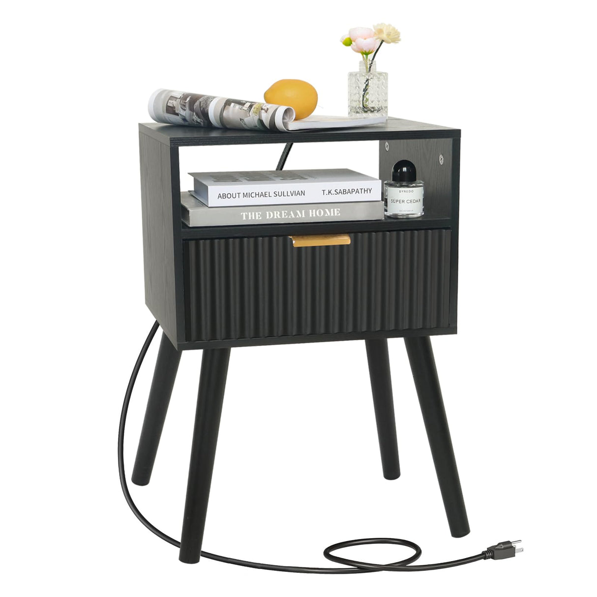 Fultyle Black Nightstand with Charging Station, Mid Cetury Modern Nightstand with Drawers, Fluted End Side Table Living Room for Bedroom and Small Space with Solid Wood (Black) Fultyle