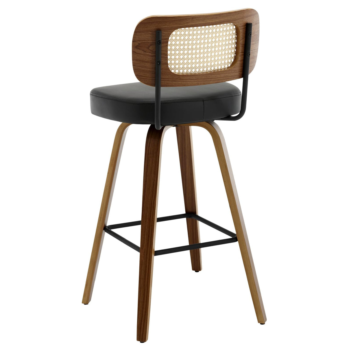 Bekrvio 29" Swivel Bar Stools Set of 2 with Rattan Back, Upholstered Faux Leather, Walnut Bentwood Frame in Black Bekrvio