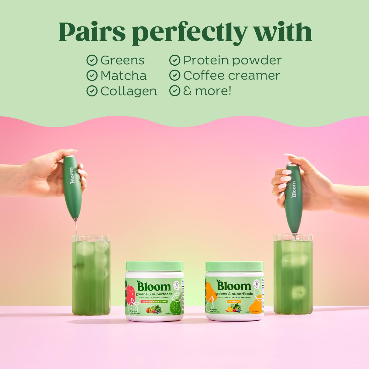 Bloom Nutrition Milk Frother, Hand Mixer, Electric, Handheld Drink Stirrer, Frothing Wand, Foam Maker for Coffee, Matcha, Protein, Greens, Stainless Steel, Battery Operated, Includes Whisk Stand Bloom Nutrition