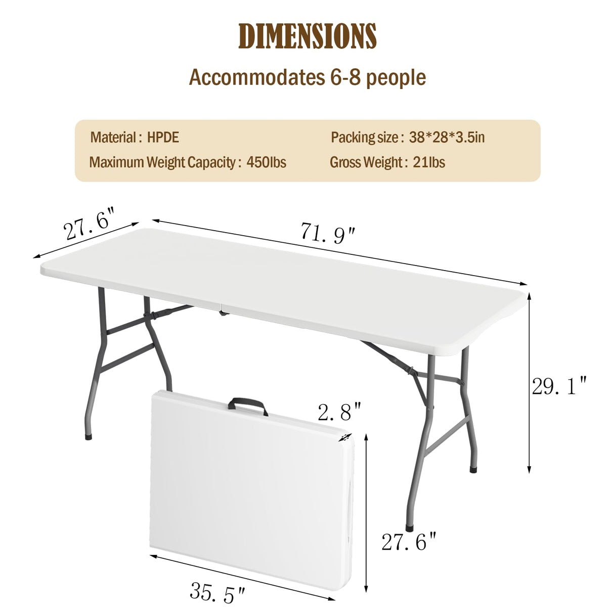 Linkriseed 6FT Folding Picnic Table for Outdoor, Portable, Foldable Table for Camping, Parties, with Carrying Handle (White, 1 Pack) Linkriseed