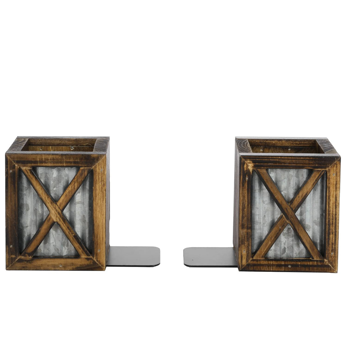 MyGift Rustic Burnt Wood Decorative Bookends with Corrugated Galvanized Metal Accent, Desktop Book Ends with Pen Holder Pencil Cup Stationery Storage Bins for Home Office, Classroom, Dorm Room, 1 Pair MyGift