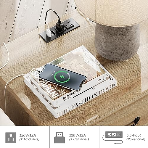 WAMPAT 4 Piece Bedroom Set, Set of 2 Wooden Dressers with 3 Drawers, Set of 2 Rattan Bedside Table Side Tables with Charging Station, 4 Piece Dresser and Nightstand Sets, Oak WAMPAT