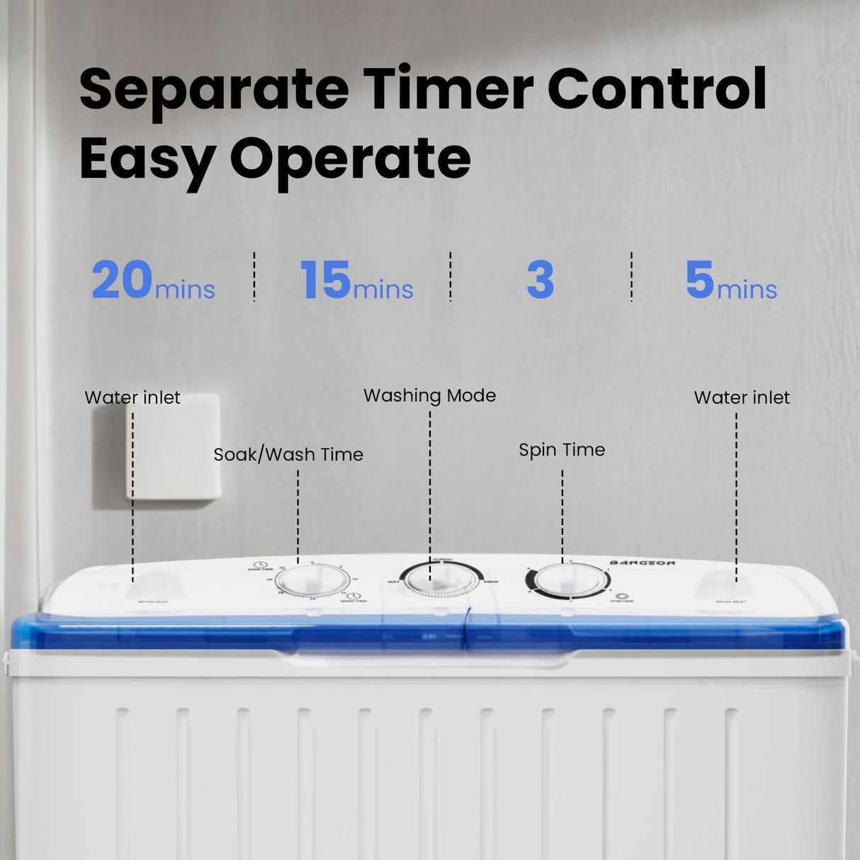 BANGSON Portable Washing Machine, Mini Twin Tub Washer and Dryer Combo with 17.6 lbs Large Capacity, Portable Washer for Apartment, Dorm, RV, Camping, Home, 25.6x14.2x28.8 inches, White & Blue BANGSON