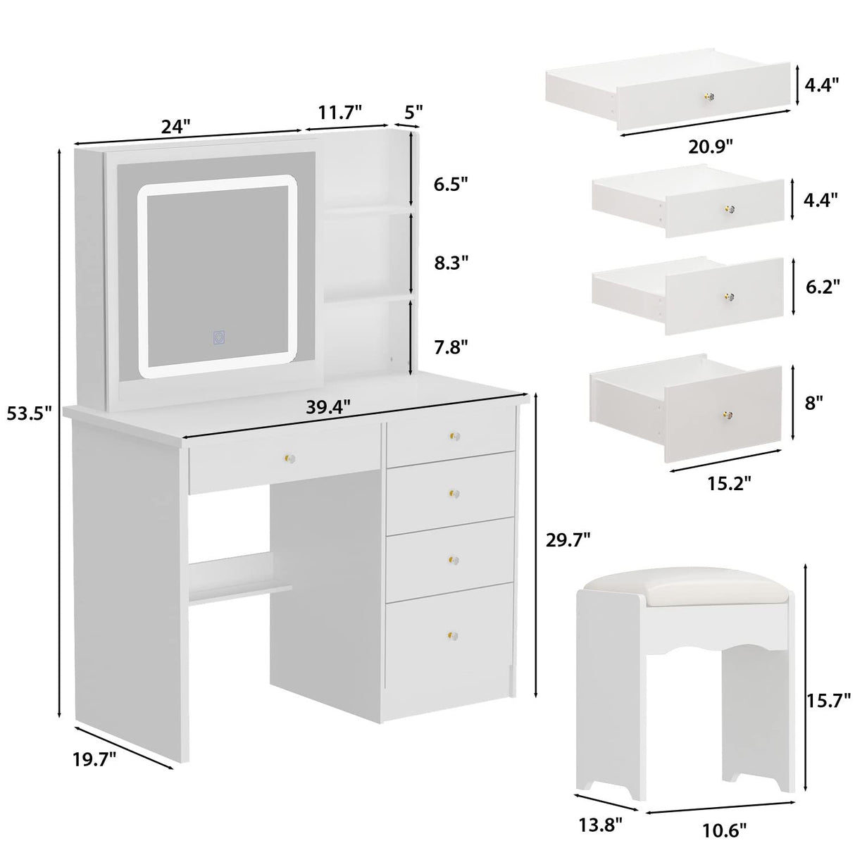 FUFU&GAGA Large Vanity Set Makeup Vanity Dressing Table with Sliding Lighted Mirror, 5 Drawers & Shelves, Dresser Desk and Cushioned Stool Set (White A) FUFU&GAGA