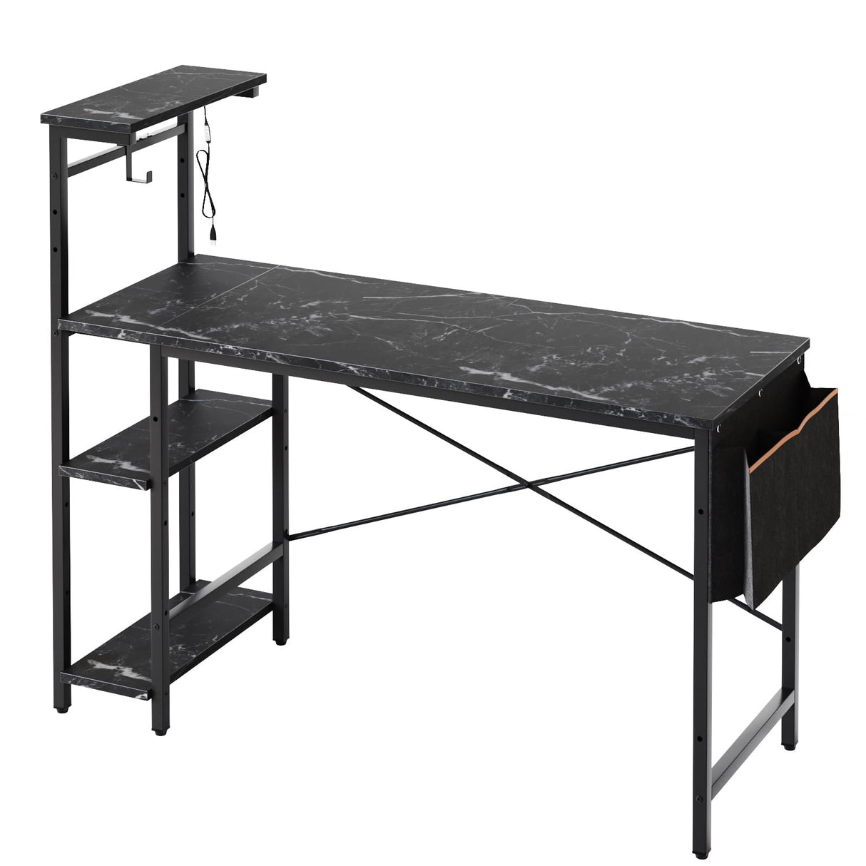 Bestier Gaming Desk with LED Lights, 51.3 Inch Computer Desk with 4 Tiers Reversible Shelves, Gamer Desk with Side Storage Bag, Hooks and Height Adjustable Shelf (Black Marble) Bestier