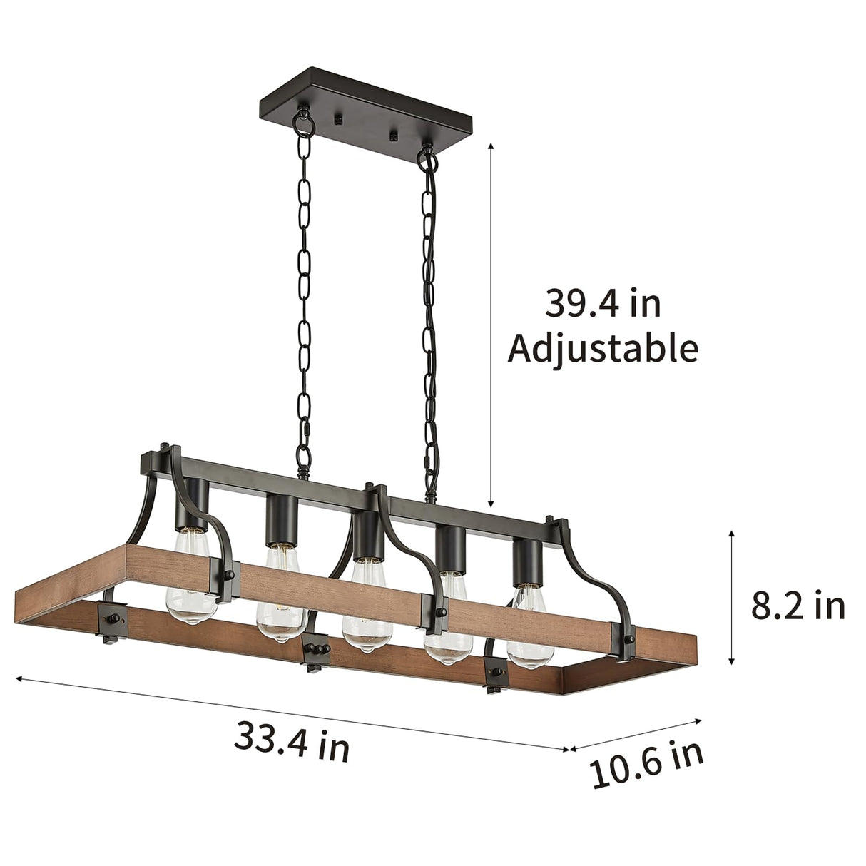 Feohak Farmhouse Chandeliers for Dining Room, 5-Light Rustic Kitchen Island Light Fixture, Wood Linear Industrial Black Rectangular Ceiling Feohak