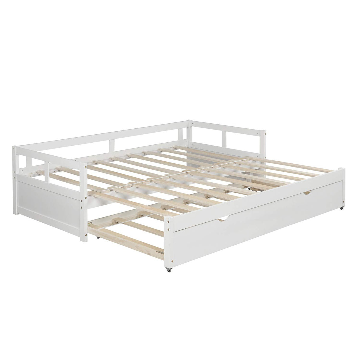 Extendable Daybed with Trundle Beds, Wood Daybed Frame with Pull Out Trundle, Twin to King Design Extending Daybed for Kids Girls Boys Teens Adults, No Box Spring Required, White Bellemave