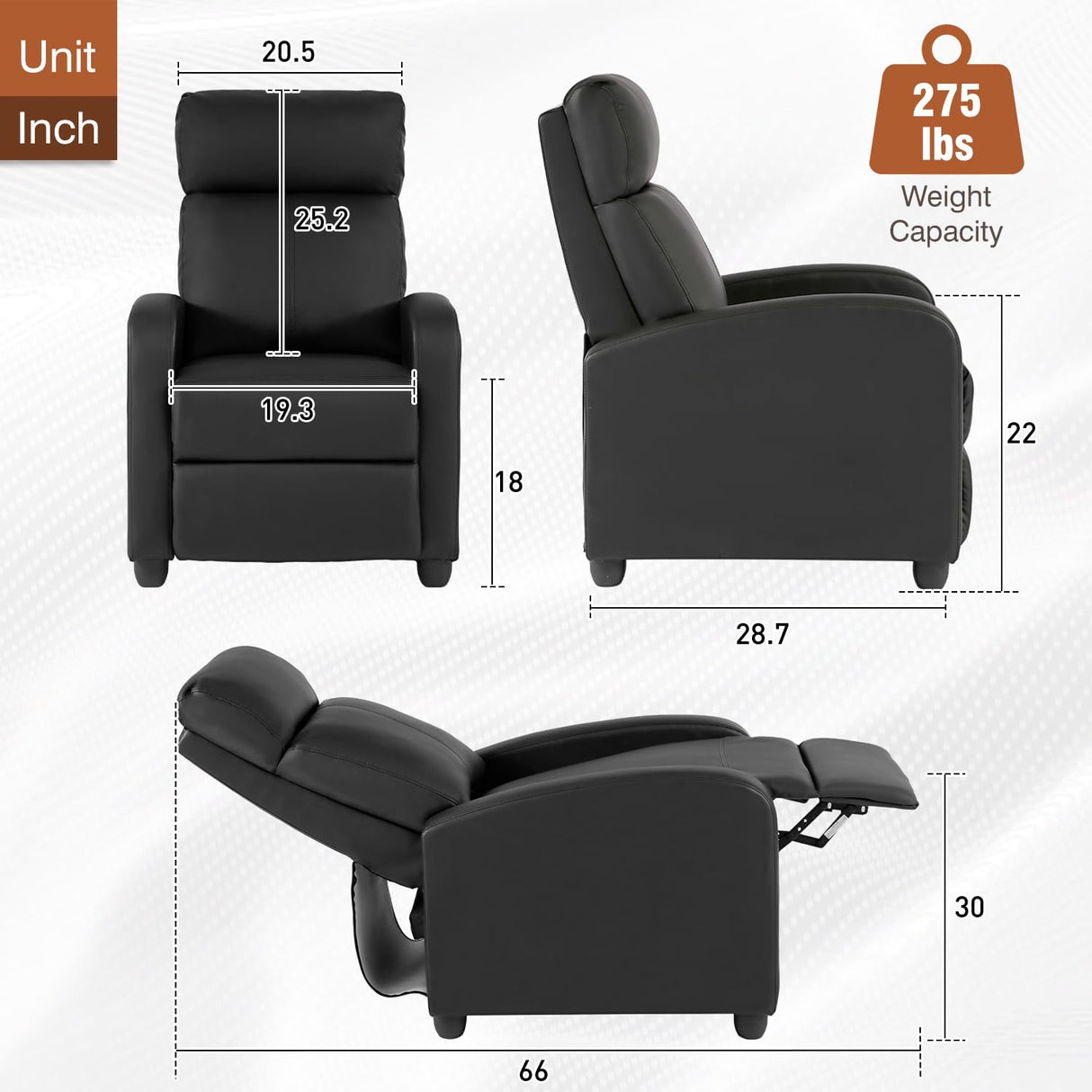 BestMassage | Recliner Chair | No Massage Function | Leather Black | with Lumbar Support, Adjustable Push Back, Wide Armrests, Footrest & Padded Seat | Easy Assembly | for Living Room, Home Theatre BestMassage