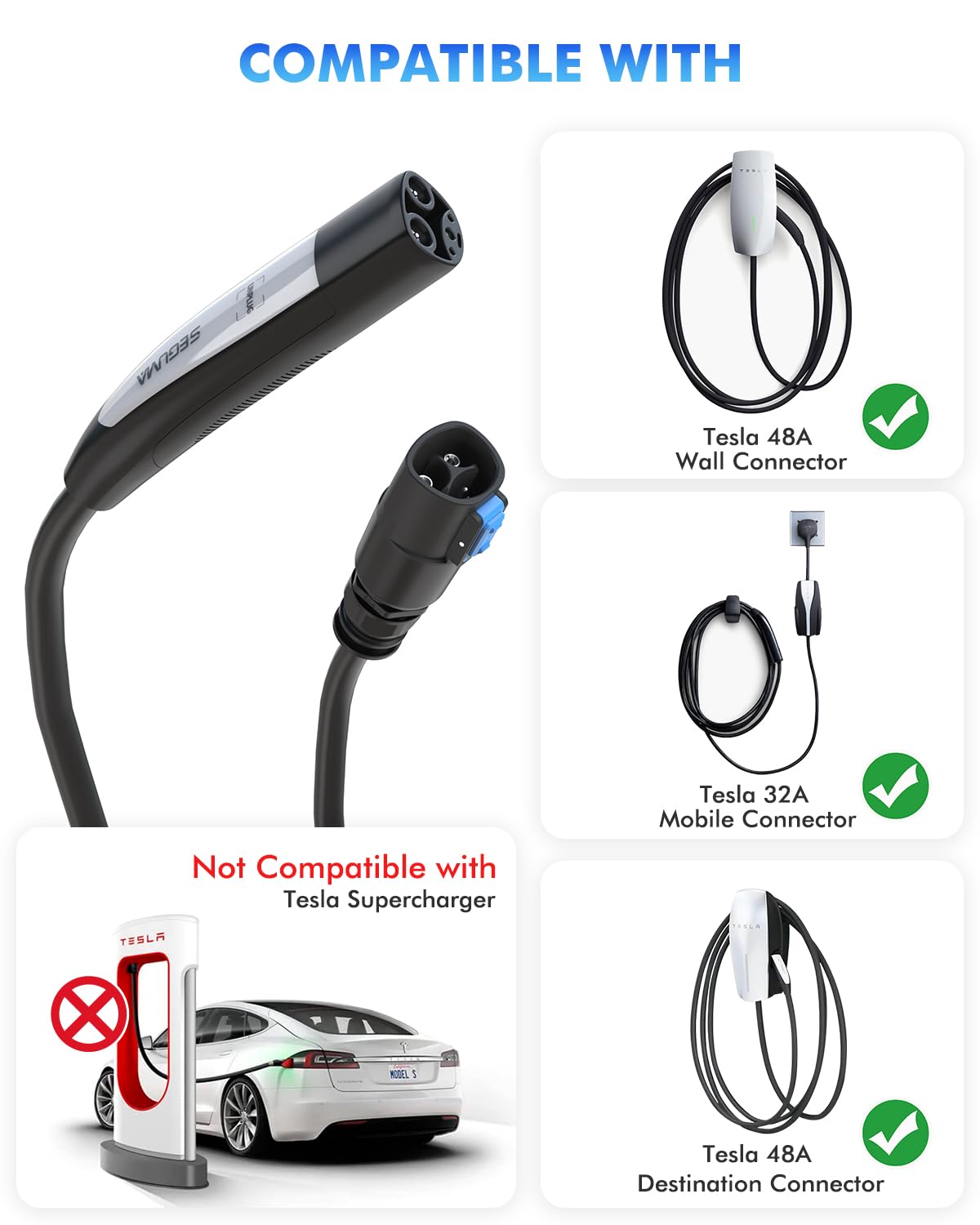 EV Charger Extension Cable for Tesla 50Amp 40ft Up to 240V 12kW with NACS Plug, EV Extension Cord for Level 1/2 Tesla Mobile Charger/Wall Connector, Extension Cable for Tesla Model-Y/X/3/S/Cybertruck SEGUMA