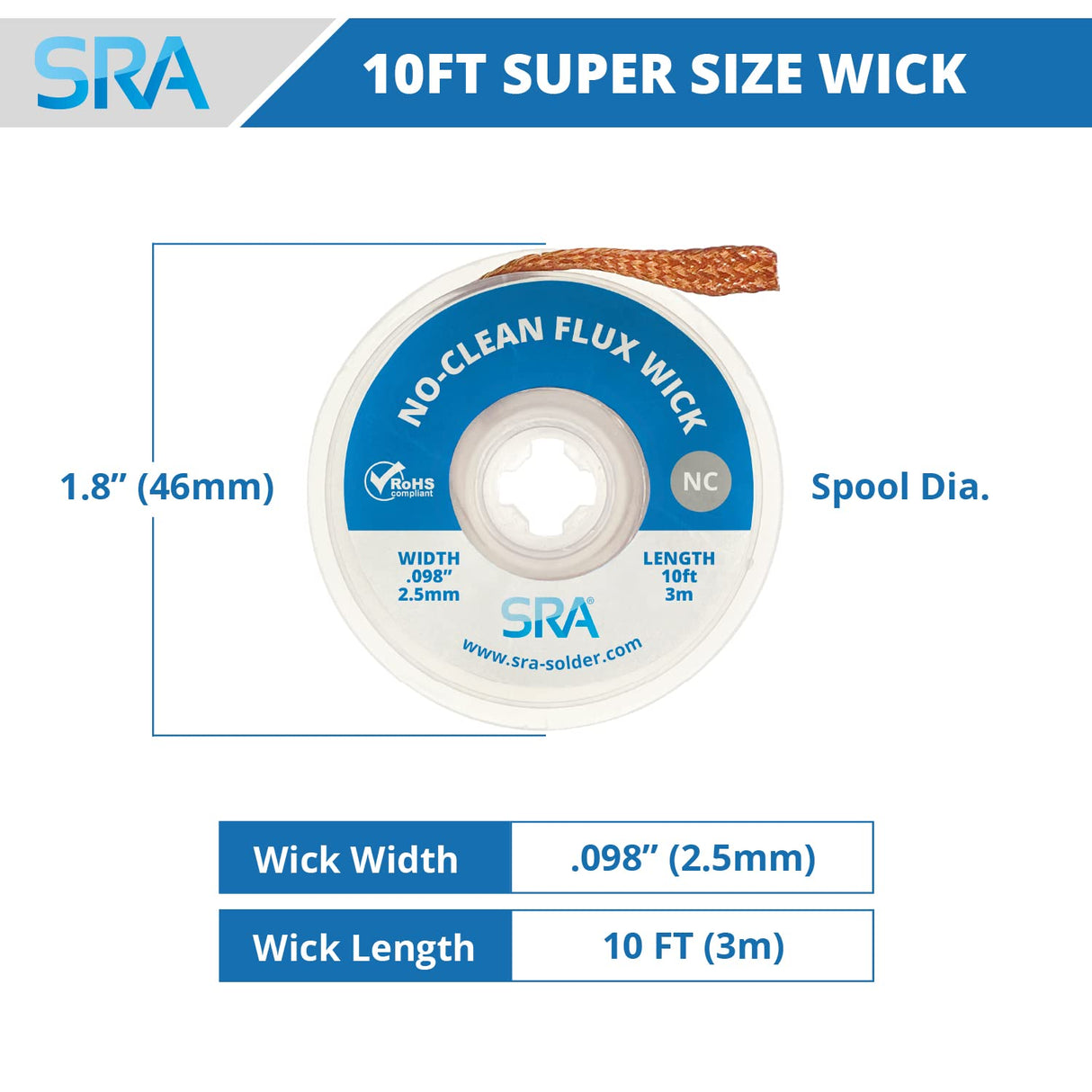 SRA Soldering Wick with Flat Woven Copper Desoldering Braid Strip and No Clean Flux for Easy Damage-Free Solder Removal - 3 Pack 10 Foot Solder Wick Spool SRA Soldering Products