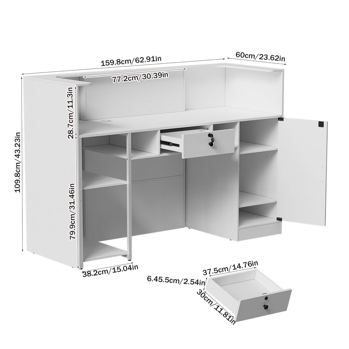 PAKASEPT Modern Reception Desk with LED Lights, 63 Inches Front Counter Table with Lockable Drawer & Shelves, Checkout Counter for Reception Room, Lobby, Beauty Salon, Retail,Office PAKASEPT