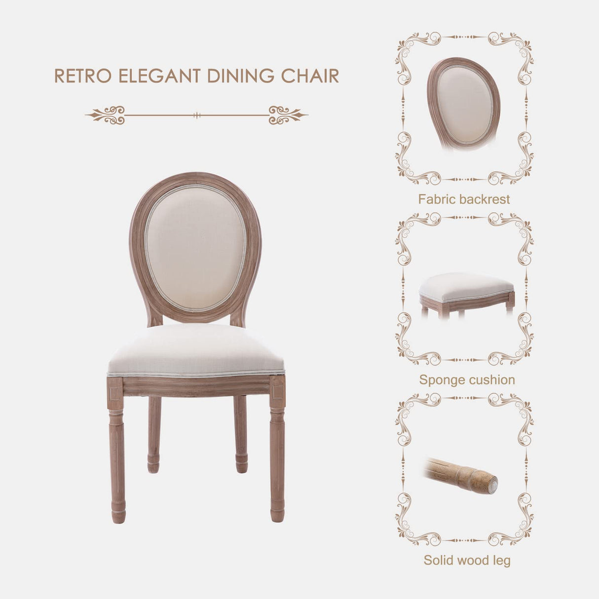 Kiztir French Country Dining Chairs Set of 4, Farmhouse Dining Chairs with Round Backrest, Mid Century Upholstered Dining Chairs with Solid Wood Leg for Dining Room Bedroom Kitchen Restaurant (Beige) Kiztir