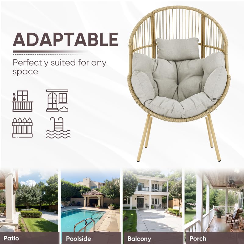 Belord Outdoor Wicker Egg Chair - 300 LBS Weight Capacity Single Patio Egg Lounge Chair with Water Resistant Cushion for Porch Balcony Sunroom, Yellow Wicker Beige Cushion Belord