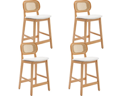 EALSON Counter Height Bar Stools Set of 4 Rattan Back Farmhouse Barstools Mid Century Modern Bar Chairs with Natural Wood Legs Comfortable Leather Upholstered Kitchen Island Chairs, White