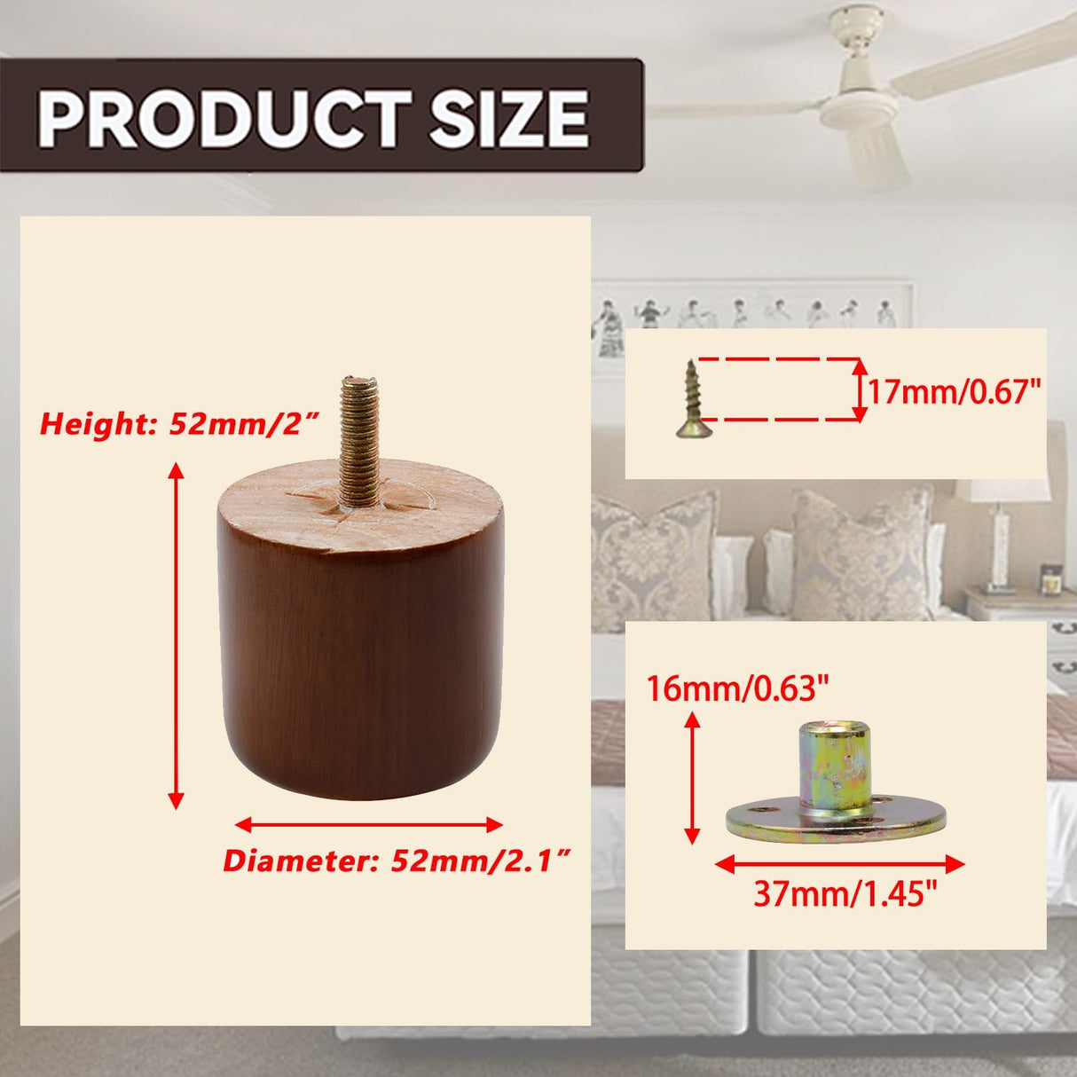Savagrow Round Wooden Furniture Legs 2 Inch Wooden Replacement Legs for Furniture Sofa Table Cabinet Set of 4 (Brown) Savagrow