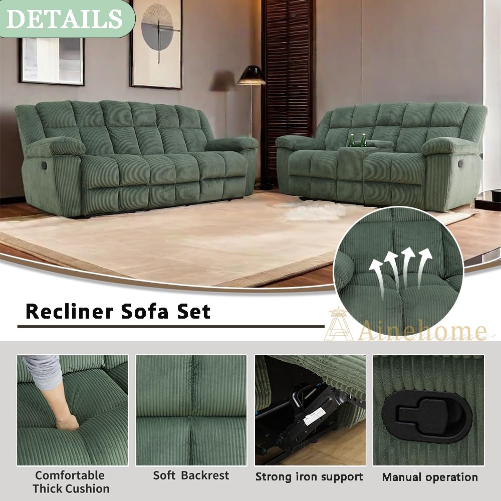 A Ainehome Manual Recliner Sofa Set, Corduroy Recliner Chair, Modern Loveseat Sofa, Modern Reclining Sofa Couch and Recliner Couches for Living Room/Office(Sofa+Loveseat, Green) A Ainehome