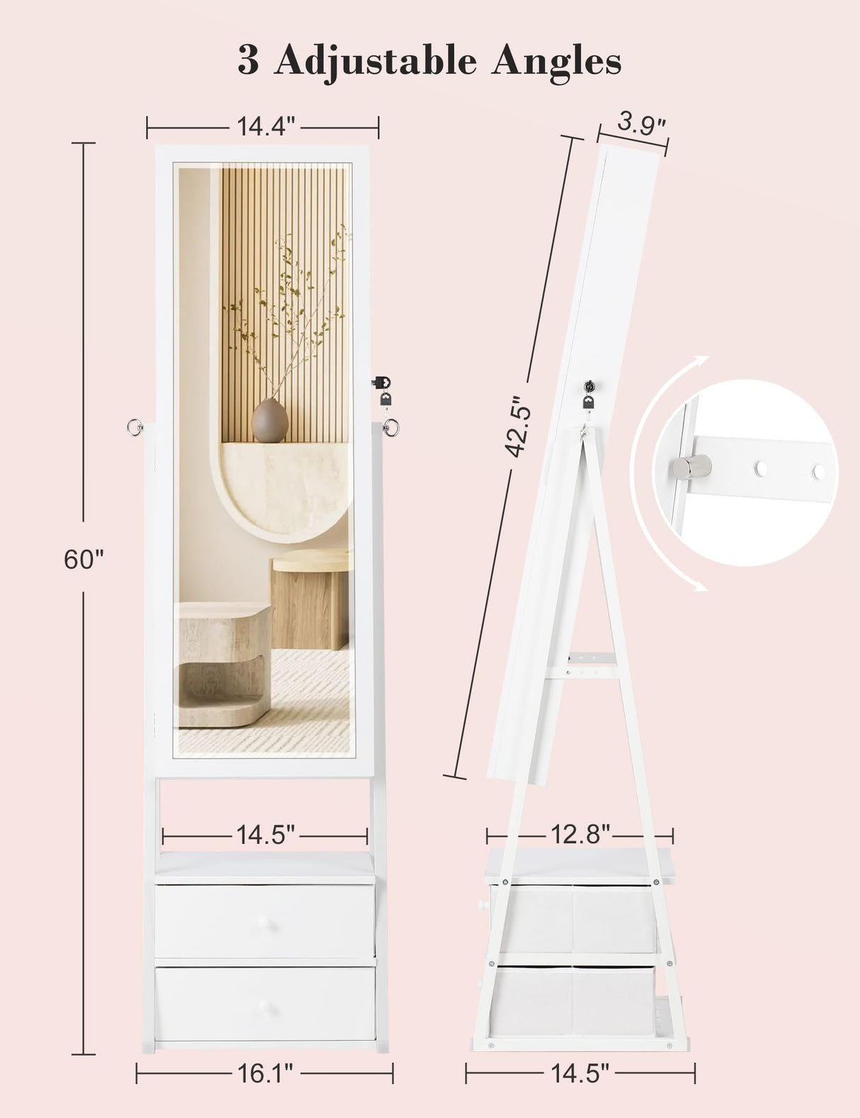 Nicetree Jewelry Cabinet Armoire with 2 Drawers, Lockable Standing Jewelry Mirror Cabinet, Full Length Mirror with Jewelry Storage, White Nicetree