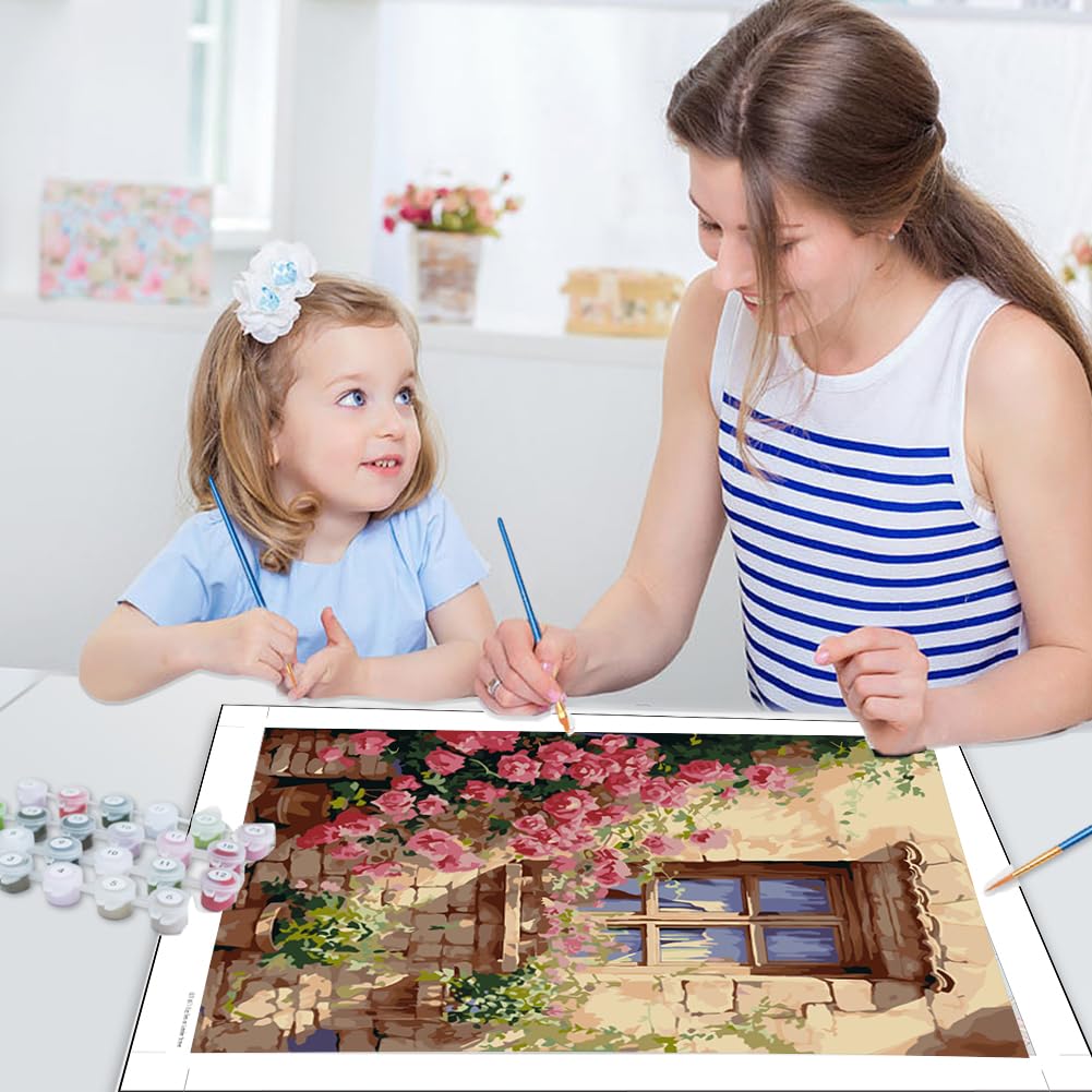 JUJUHOOD Windows Roses Paint by Numbers Kit for Adults,Flower Adult Paint by Number Kits,DIY Acrylic Paint by Number on Canvas for Home Wall Decor 16X20 Inch JUJUHOOD